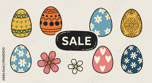A collection of colorful Easter eggs with floral patterns and a bold SALE text in modern vector style, perfect for spring promotions