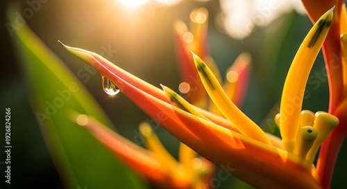 Vibrant bird of paradise flower with dew drop in tropical garden