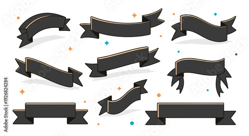 A collection of decorative black ribbons and banners in modern vector style, perfect for creative projects and graphic design