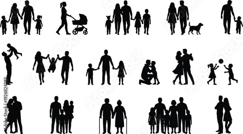 Family silhouette collection showing parents children couples walking playing caring and daily family life activities isolated on white background illustrationFamily silhouette 