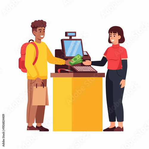 Man paying for purchases at a store checkout with cash to a smiling female cashier.