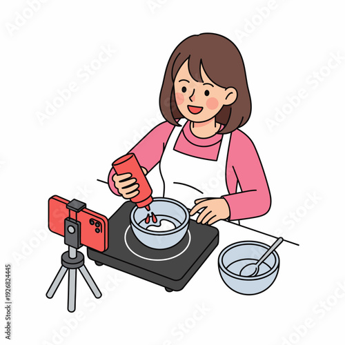 A young woman in an apron records a cooking video with her smartphone while adding ingredients to a bowl on a hot plate.