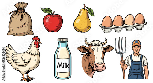 A collection of farm-related elements including a chicken, cow, milk bottle, fruits, and vegetables in colorful vector style, ideal for agricultural themes and food packaging