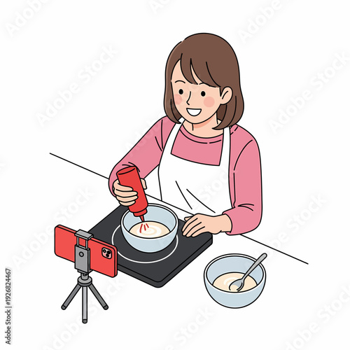 A smiling woman in an apron records a cooking video with her smartphone while adding sauce to a bowl on a hot plate.