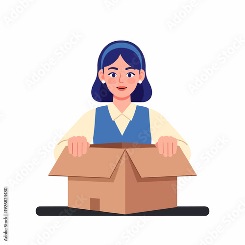 Cartoon illustration of a woman opening or closing a cardboard box, ready for shipping or storage.