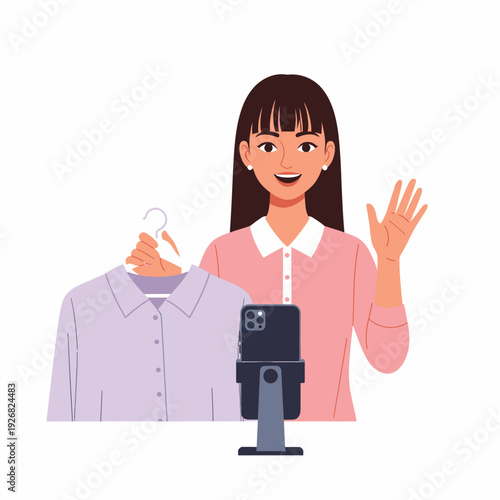 A smiling woman live-streaming a fashion haul, showing a purple shirt to her audience on a smartphone.