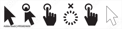 Monochrome collection of cursor and hand click icons for digital interface elements