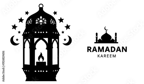 Modern Ramadan Kareem Lantern and Mosque Greeting Card Vector Design