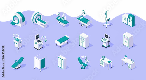 Isometric Hospital Equipment and Medical Devices Illustration.