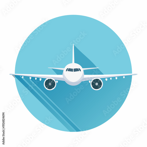 Front view of a modern passenger airplane flying in a clear blue sky, representing travel and aviation