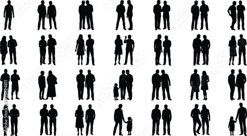 Couples and family silhouettes collection showing men, women and children standing together, relationships and social bonding isolated on white background