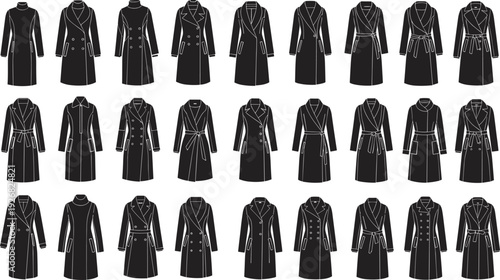 Collection of black women's coat silhouettes, including trench coats, overcoats, winter jackets, pea coats, and elegant outerwear fashion illustration vectors.
