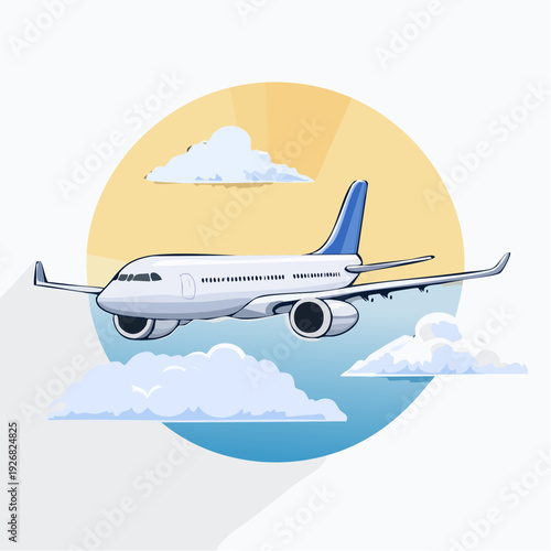 A commercial airplane soaring through the sky amidst fluffy clouds and bright sunshine