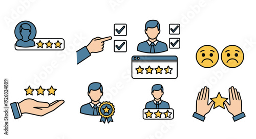 A collection of customer feedback and rating icons in flat modern vector style, suitable for business and marketing applications
