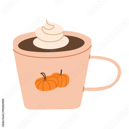 Cozy mug of hot cocoa with pumpkin decoration. Autumn seasonal beverage illustration for cafe menu, packaging design, greeting cards and fall decor. Hand drawn vector illustration.