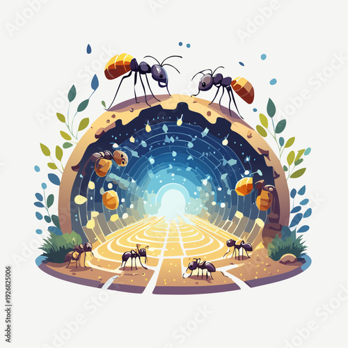 The organized world of a futuristic ant colony working together in a digital network tunnel