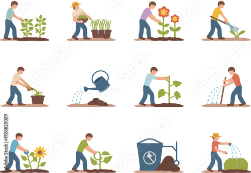 People gardening planting watering and tending plants in a grid vector