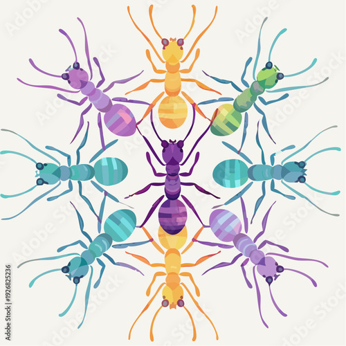 A beautiful and vibrant symmetrical pattern of ants in a circle with a kaleidoscope effect