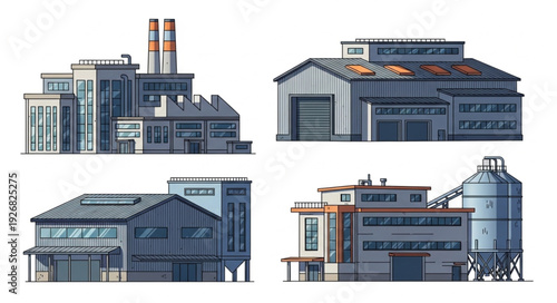 Industrial complex illustration featuring various factory buildings with chimneys and silos, detailed architecture.