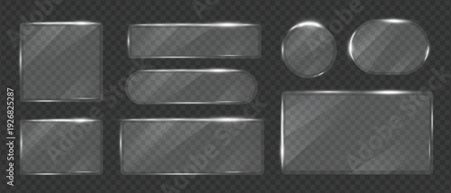 Glass transparent geometric shape frames shining glare set, Glass overlay texture square and oval panels, Plastic samples glass mirror, Vector illustration.