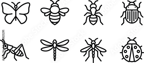 Black and White Line Drawings of Eight Insects Including Butterfly, Bee, Ant, Beetle, Grasshopper, Dragonfly, Mosquito, and Ladybug