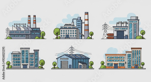 Illustrative depiction of various industrial and commercial buildings in a row.