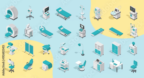 Isometric Hospital Room Furniture and Medical Equipment Set.