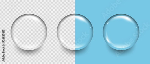 Water drop with glare and shadow set, Soap 3d bubble isolate, Vector illustration.