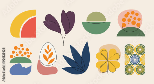 A collection of abstract floral shapes and geometric designs in colorful modern vector style, suitable for art and home decor projects