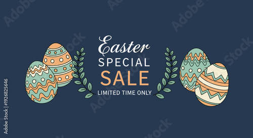 A decorative Easter sale banner featuring colorful eggs and leaves in modern vector style, perfect for holiday promotions