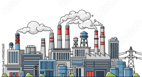 Industrial complex illustration depicting pollution and environmental concerns with smoke.
