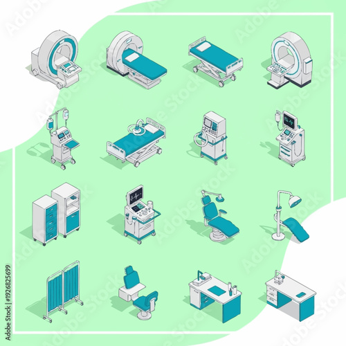 Medical equipment icons set on green background.