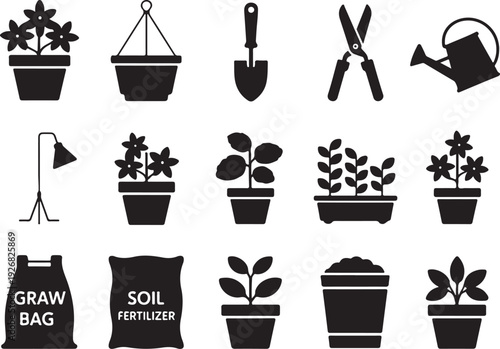 Black silhouette icons of gardening tools plants and supplies vector