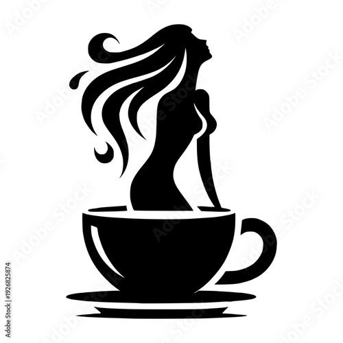 Coffee Cup Silhouette: A stylish silhouette of a woman emerging gracefully from a coffee cup, embodying the essence of energy and awakening. 