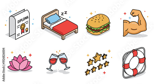 A collection of icons including a diploma, bed, burger, muscle arm, cocktails, lotus flower, and lifebuoy in flat modern vector style, ideal for wellness and lifestyle projects