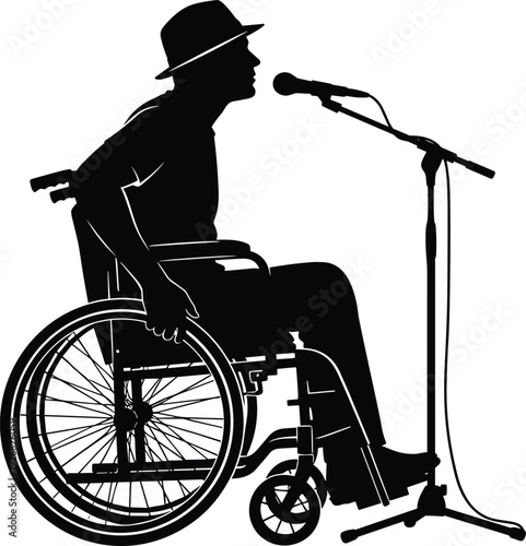 Disabled singer performing on stage silhouette musician in wheelchair singing with microphone black white vector illustration isolated design