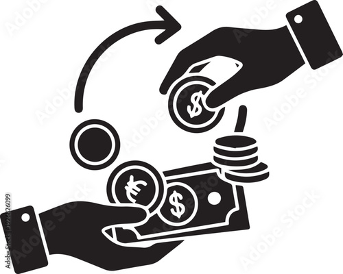 Vector illustration of two hands exchanging money and coins isolated on transparent background