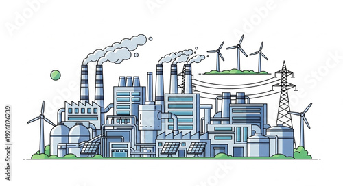 Industrial complex with wind turbines and power lines, green energy concept.