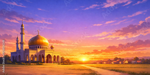 Elegant Anime Mosque Sunset Landscape Background with Peaceful Village