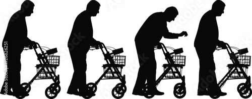 Elderly man silhouette sequence with walker, aging progression, mobility decline, senior health, rehabilitation, walking assistance, healthcare support, isolated concept