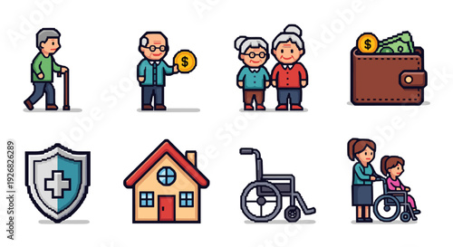 A set of icons depicting elderly care themes including seniors, healthcare, finance, and family support in flat modern vector style, suitable for social services and wellness projects