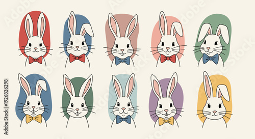 A set of cute rabbit characters wearing bowties in a colorful minimalist vector style, perfect for children's designs and greeting cards