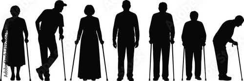 Elderly people silhouettes standing with walking canes showing senior life aging support healthcare isolated white background illustration set