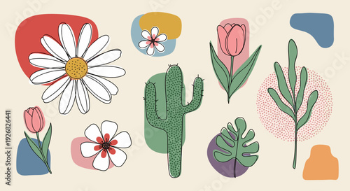 A collection of colorful flowers and cacti in a minimalist vector style, perfect for botanical-themed designs and decorations