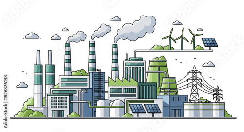 Industrial complex illustration depicting factories and sustainable energy sources for environment.