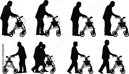 Elderly man walking with walker silhouette set illustration, senior male mobility aid poses isolated on white background aging concept