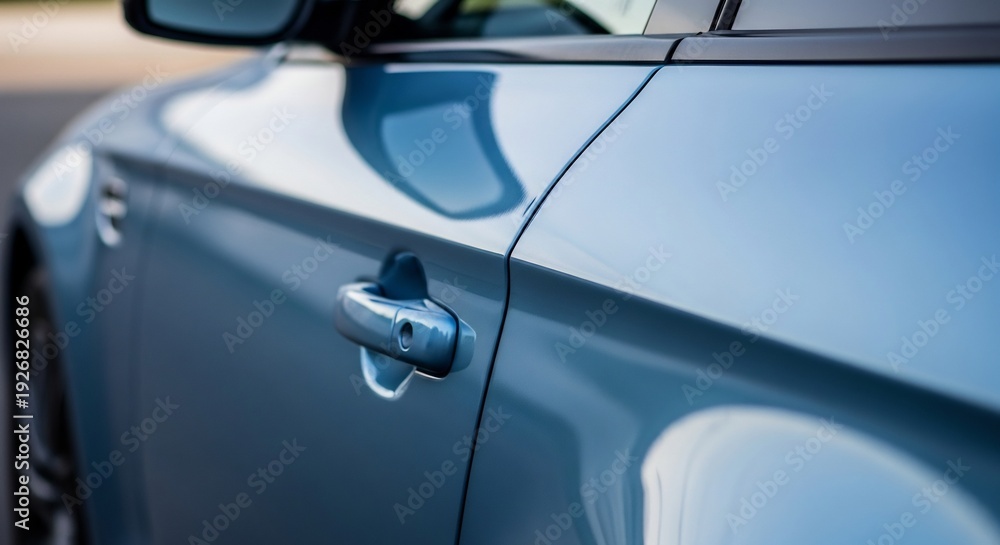 Naklejka premium Closeup view of a sleek modern and stylish blue car door handle and exterior.