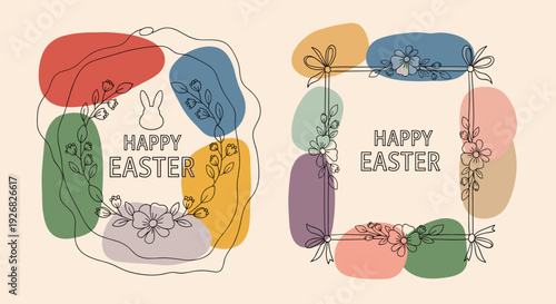 A set of Easter-themed illustrations featuring colorful frames with flowers and a bunny in modern minimalist vector style, perfect for greeting cards and festive decorations