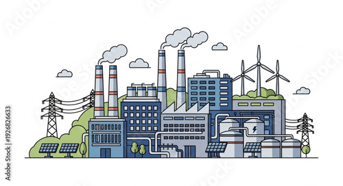 Industrial complex illustration depicting factories, power lines, and renewable energy sources.