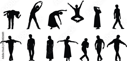 Expressive people silhouettes showing dance, yoga and walking poses, artistic movement, balance and body expression isolated on white background